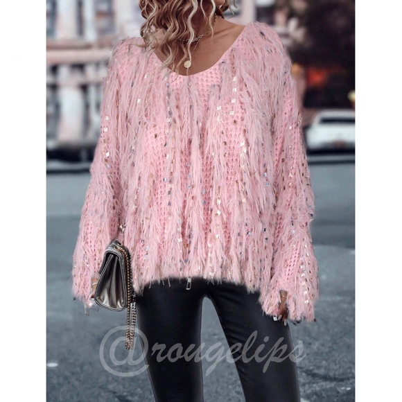 Fun Fuzzy Embellished Pullover Sweater V-Neck Pink Soft and Stretchy Knit - Picture 6 of 11